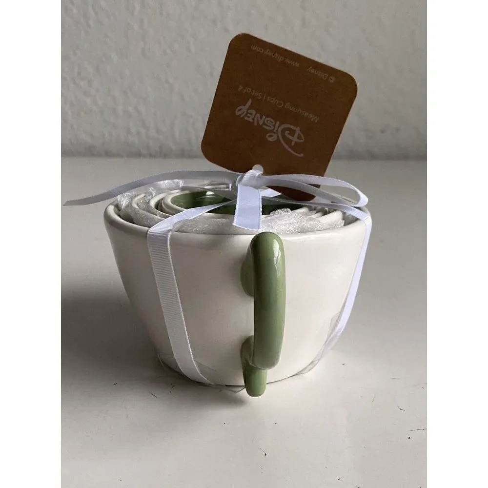Set Of 4 Rae Dunn Disney Green Tinkerbell Measuring Cups Ceramic With Handle NEW